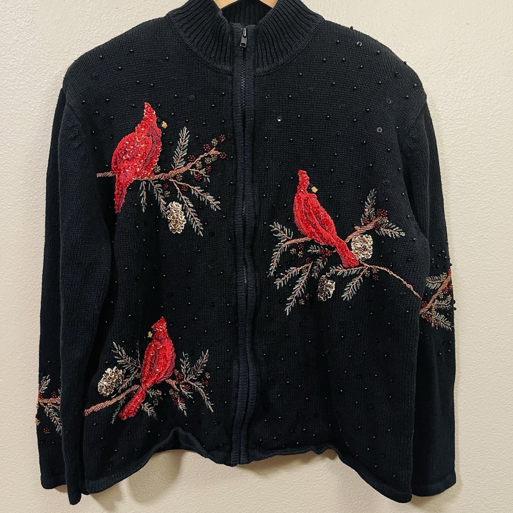Dressbarn Embroidered Winter Zip Up Cardigan Black Red Cardinals Sequins Sz M